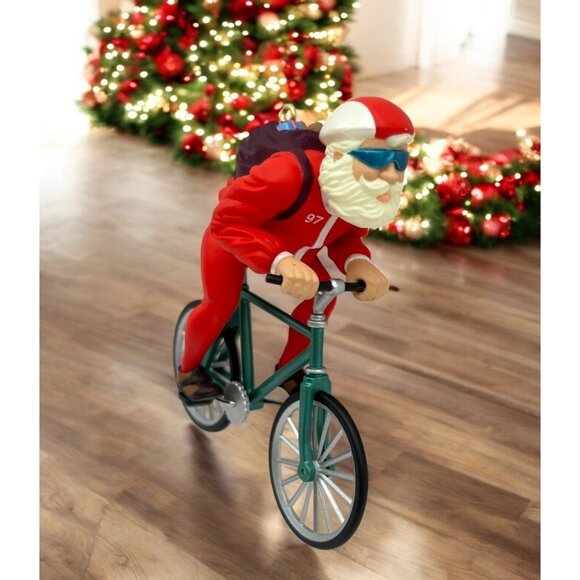Hallmark Cycling Santa Christmas Tree Ornament With Backpack 97 Racing Suit - Picture 1 of 7